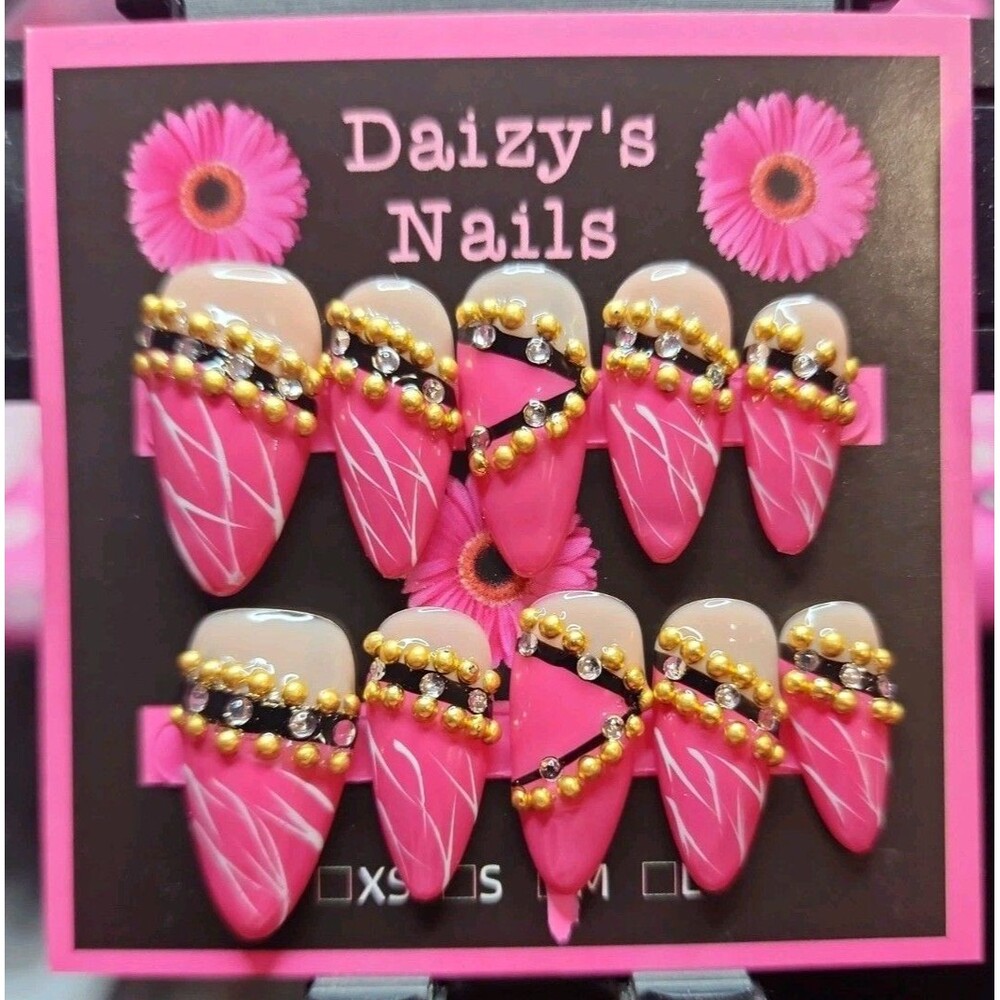 Medium Size Press-on Nail 10Pc Set Handmade Almond Pink Artsy 2.5 Cm Length